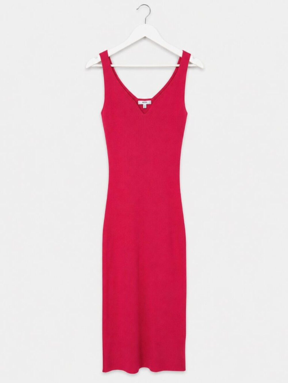 Reiss Coral Red Ribbed Knit Bodycon Midi Dress Size Medium Sweetheart Neck